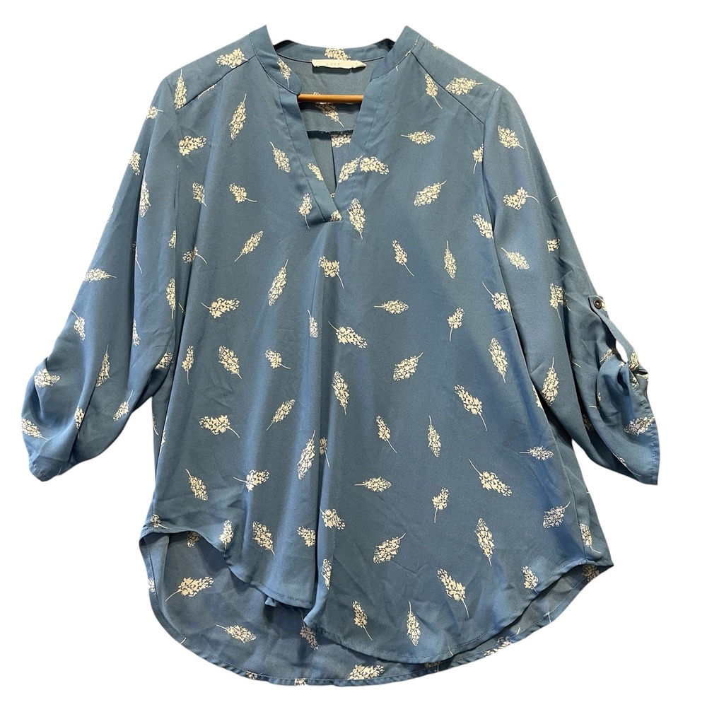 Lush Womens Blouse L Blue Floral Roll Tab Split Neck High Low Hem Office Career